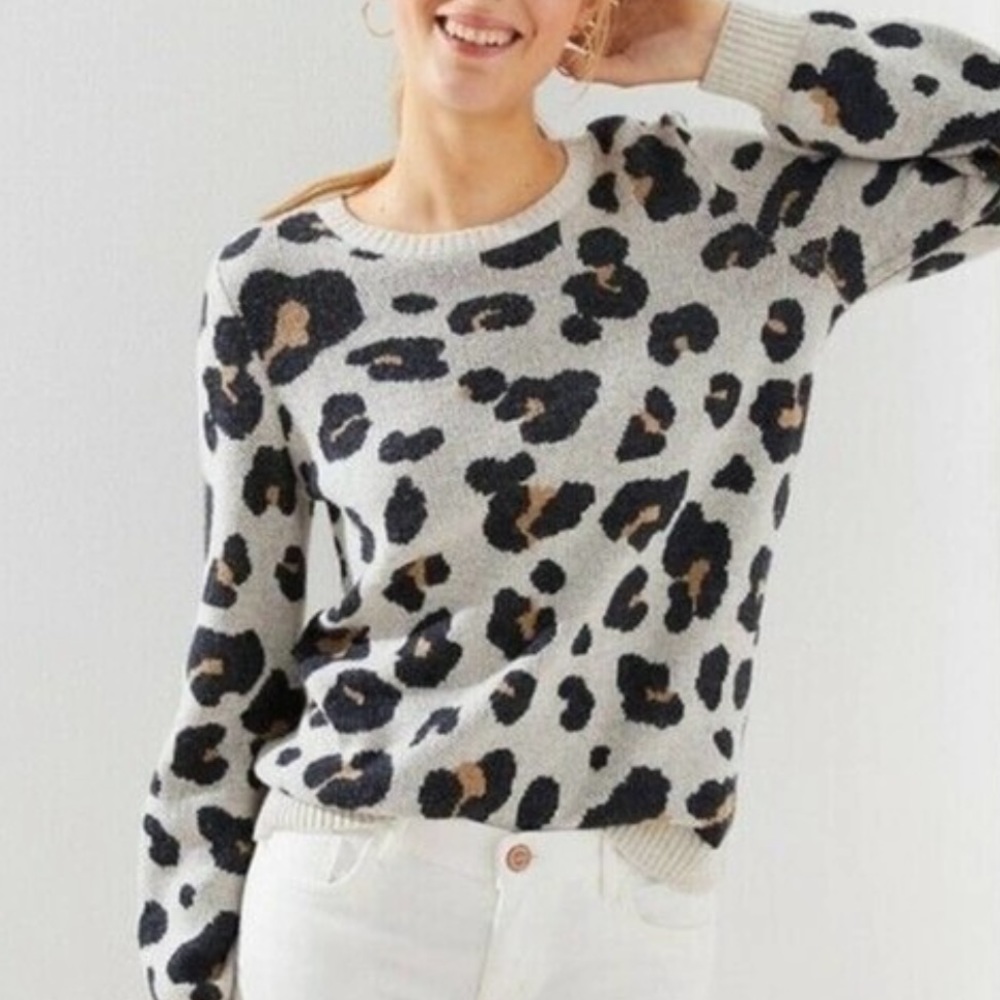 Loft Leopard Print Jacquard Pullover Sweater: XS